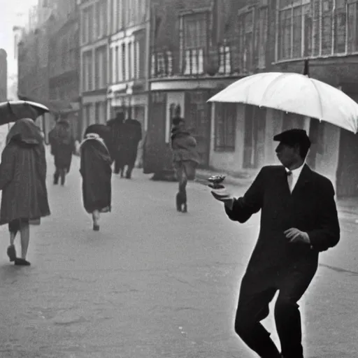 Image similar to the man leaping with umbrella, by henri cartier bresson,