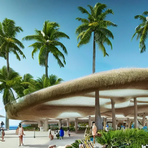 Image similar to architectural renderings, a seaside visitor center consisting of three mushroom - shaped buildings on the blue sea with tall coconut trees ， detailed