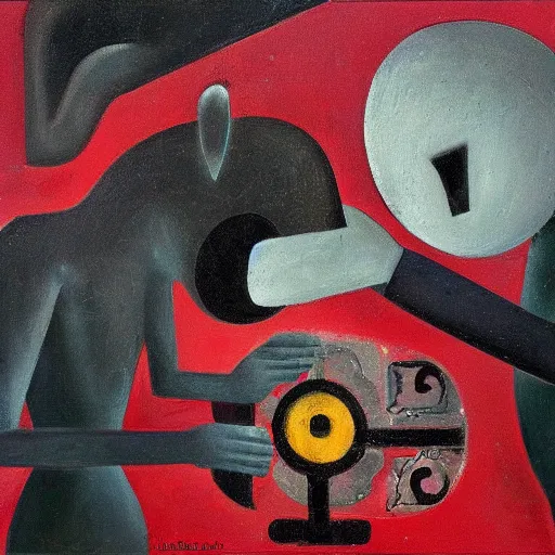 Prompt: Oil painting by Rufino Tamayo. Two mechanical gods with animal faces having a conversation. Oil painting by Lisa Yuskavage.