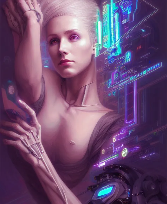 Image similar to a whirlwind of souls rushing inside the metaverse, hologram, half body, neurochip, shaved temple, piercing, jewelry, android, cyborg, cyberpunk face, by loish, d & d, fantasy, intricate, elegant, highly detailed, colorful, digital painting, artstation, concept art, art by artgerm and greg rutkowski and alphonse mucha