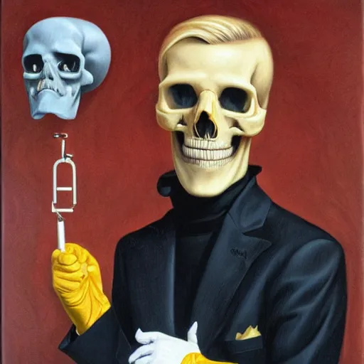 Prompt: portrait of a blond suited man with medical gloves and a skull mask, by Gerald Brom