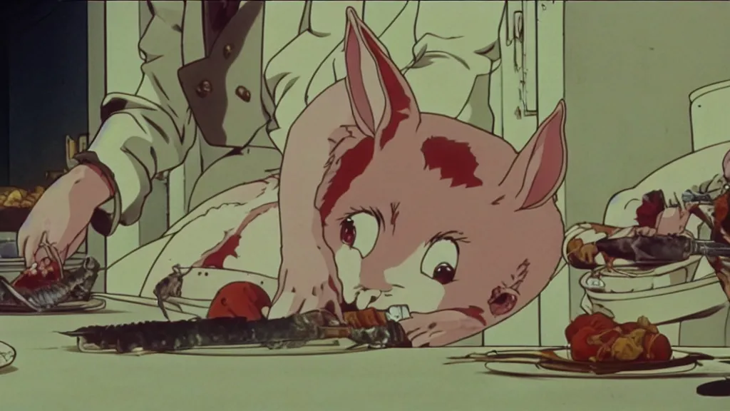 Image similar to a rabbit being butchered, anime film still from the an anime directed by Katsuhiro Otomo with art direction by Salvador Dalí, wide lens