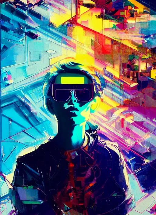 Prompt: an angelic hacker with blowing hair in vast cyberspace glitching through the sunshine, sunburst background, wearing sunglasses, futuristic clothes, vibrant colors, glitchy, rule of thirds, spotlight, drips of paint, expressive, passionate, by greg rutkowski, by jeremy mann, by francoise nielly, by van gogh, digital painting