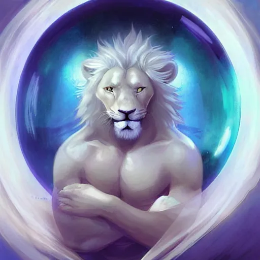 Image similar to aesthetic portrait commission of a albino male furry anthro lion floating and sleeping inside a soap bubble while opening its third eye in the blue cloudy sky, minimalistic sky Atmosphere, hyperdetailed. Character design by charlie bowater, ross tran, artgerm, and makoto shinkai, detailed, inked, western comic book art, 2021 award winning painting