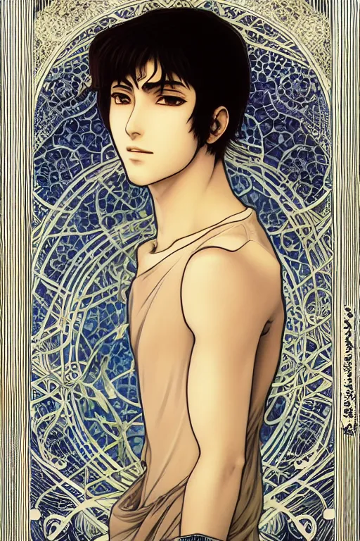 Prompt: beautiful medium shot manga portrait of an arabic young man inspired by ayami kojima with short hair dressed with a white t - shirt, white background white bank studio light, art by yoshitaka amano, alfons mucha, hiroaki samura, jiro matsumoto and yusuke murata, sharp focus, high quality, 8 k