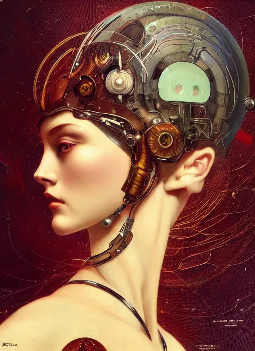 Prompt: portrait of a beautiful female android, coy, circuitry visible in head, in the style of ex machina, karol bak, alphonse mucha, greg rutkowski, award winning, hr giger, artstation,