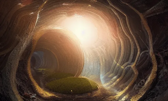 Image similar to beautiful picture of a magical vertical cylindrical tunnel made of big upside-down raindrops joining a dried up river with the sun, highly-detailed, fantastic, dramatic lighting, artstation, 4k