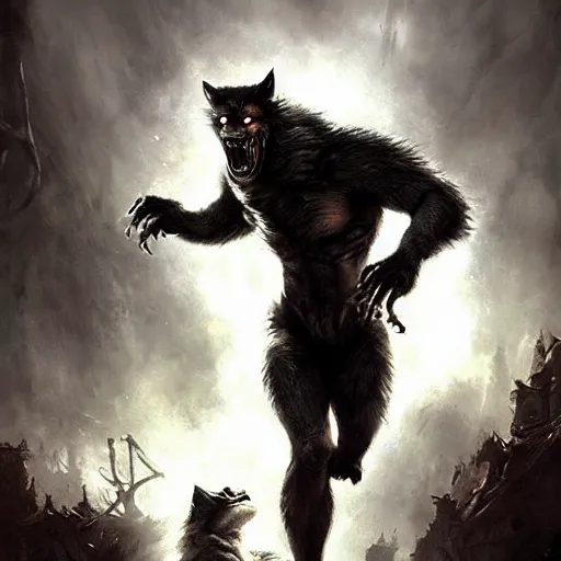 Image similar to Werewolf, epic scene, paint by Raymond Swanland