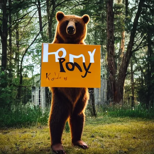 Prompt: bear holding a sign that says honey, 5 0 mm lens, bokeh, good lighting