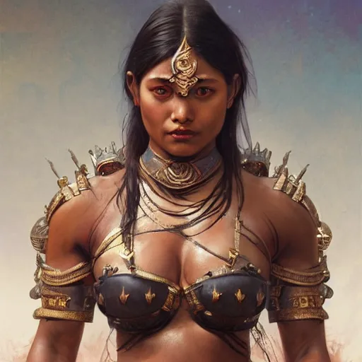 Prompt: painting of a muscular dark nepali female, bikini armour, sari, big eyes, fat, ultra realistic, concept art, intricate details, eerie, highly detailed, photorealistic, octane render, 8 k, unreal engine. art by artgerm and greg rutkowski and alphonse mucha