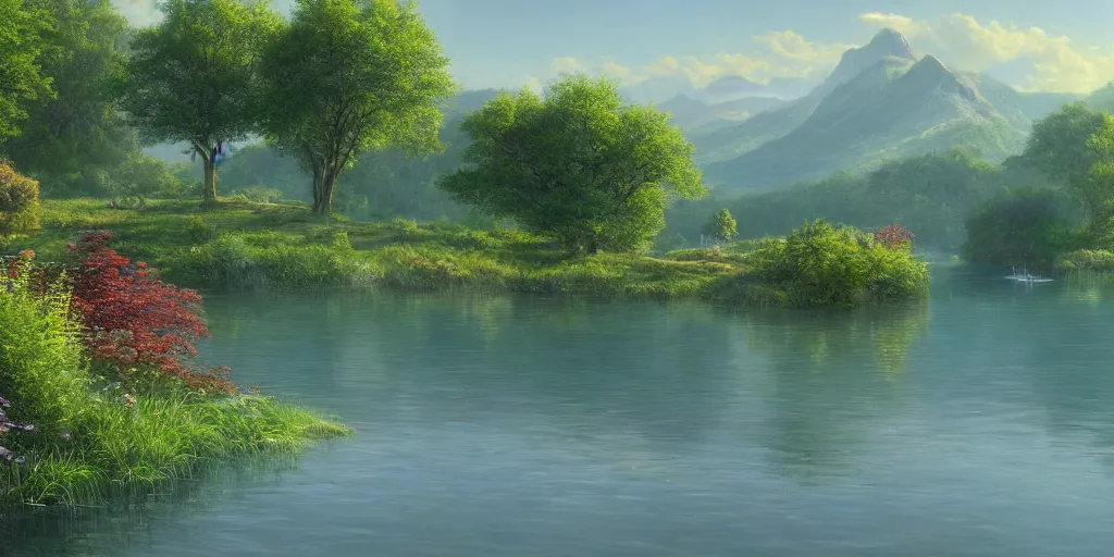 Image similar to a beautiful lake landscape in summer, by Ernest deutsch + Ted Nasmith, cinematic lighting, masterpiece, highly detailed, 8k resolution, trending on art station