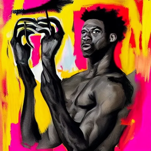 Image similar to A mirror selfie of a black handsome muscular man with white angel wings and black devil horns holding an iPhone, pitchfork, full body, pink background, abstract jean-Michel Basquiat!!!!!!!! oil painting with thick paint strokes!!!!!!!!, oil on canvas, aesthetic, y2k!!!!!!, intricately!!!!!!!! detailed artwork!!!!!!!, trending on artstation, in the style of jean-Michel Basquiat!!!!!!!!!!!!, by jean-Michel Basquiat!!!!!!!!!!!, in the style of jean-Michel Basquiat!!!!!!!!!!!, in the style of jean-Michel Basquiat!!!!!!!!!!!, in the style of jean-Michel Basquiat!!!!!!!!!!!, in the style of jean-Michel Basquiat!!!!!!!!!!!, in the style of jean-Michel Basquiat!!!!!!!!!!!