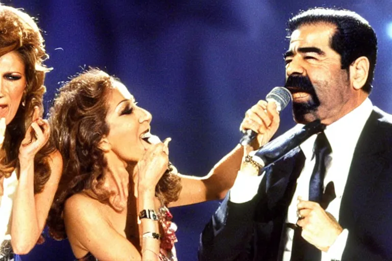 Prompt: saddam hussein singing a duet with celine dion on stage during a episode of the voice - g