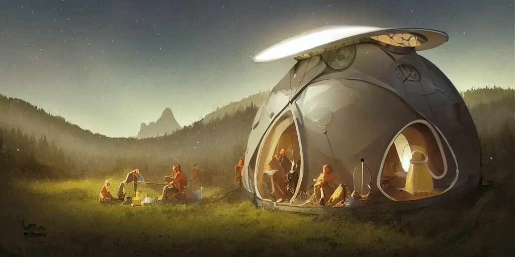 Image similar to cabela's tent sci - fi retro futuristic pop up family space pod, cabin, modular, person in foreground, mountainous forested wilderness open fields, beautiful views, painterly concept art, joanna gaines, environmental concept art, farmhouse, magnolia, concept art illustration by ross tran, by james gurney, by craig mullins, by greg rutkowski