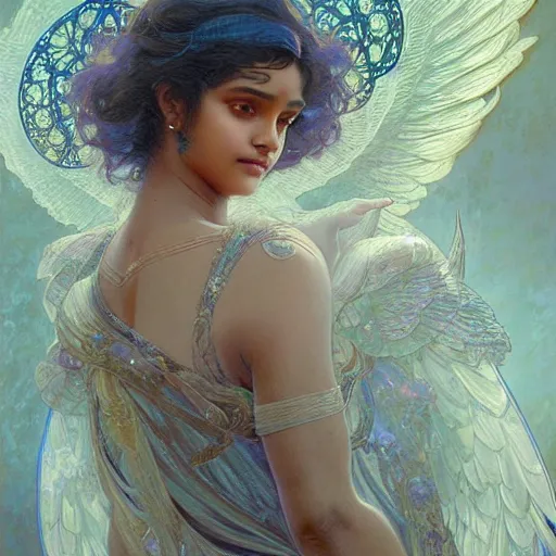 Image similar to Sri lankan girl as a winged angel covered in eyes with glowing halo, iridescent, seraphim, fantasy, intricate, elegant, highly detailed, digital painting, artstation, concept art, smooth, sharp focus, illustration, art by Krenz Cushart and Artem Demura and alphonse mucha