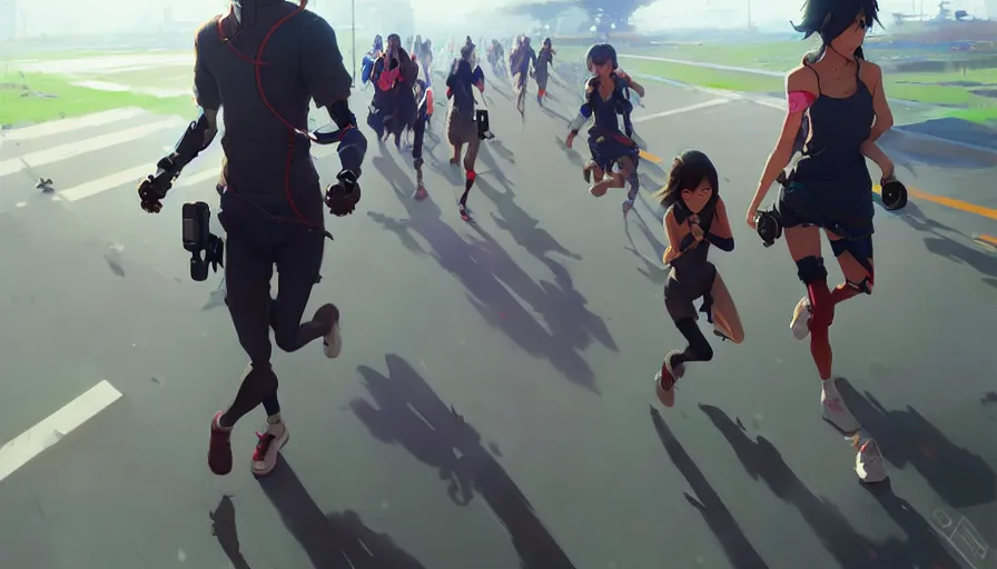 Prompt: marathon with running robots and people, artgerm greg rutkowski makoto shinkai, artstation