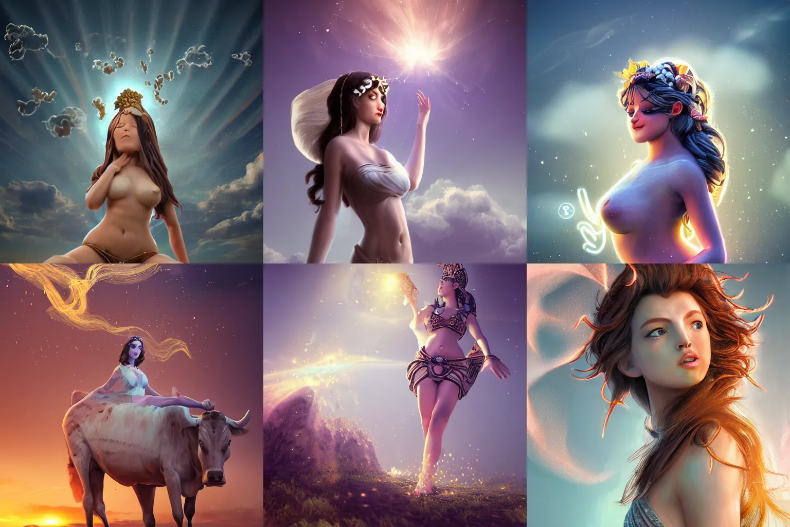 Prompt: a beautiful female goddess of cows character, character is in all its glory, character is centered on the image, character is in her natural relaxed pose, rim lights, particles and dust in the air, fancy clouds, highly detailed professional photo, dynamic lights, particles are flying, depth of field, trending on artstation, illustration, hyper realistic, vray caustics, super detailed, colorful accents, cinematic shot