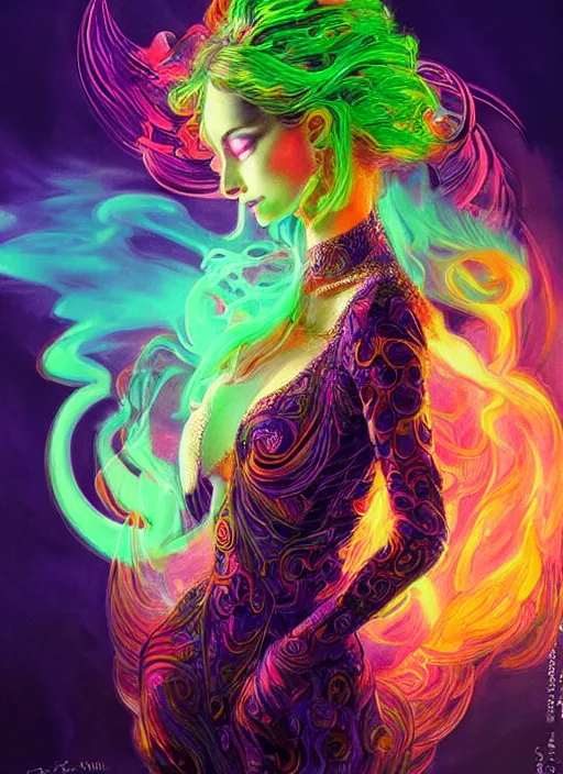Prompt: psychedelic [ [ chemiluminescence ] ] elegant woman chakra spirit with smoke and fluid dynamics, colorful, psychedelic, ornate, intricate, digital painting, concept art, smooth, sharp focus, illustration, blacklight reacting, art by artgerm and greg rutkowski