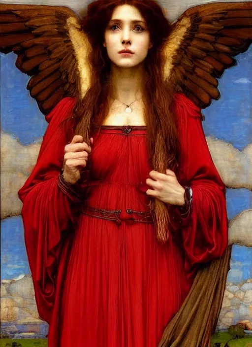 Prompt: portrait of beautiful female archangel in red robes, pre - raphaelite painting by john william waterhouse, trending on art station. highly detailed, symmetrical face.