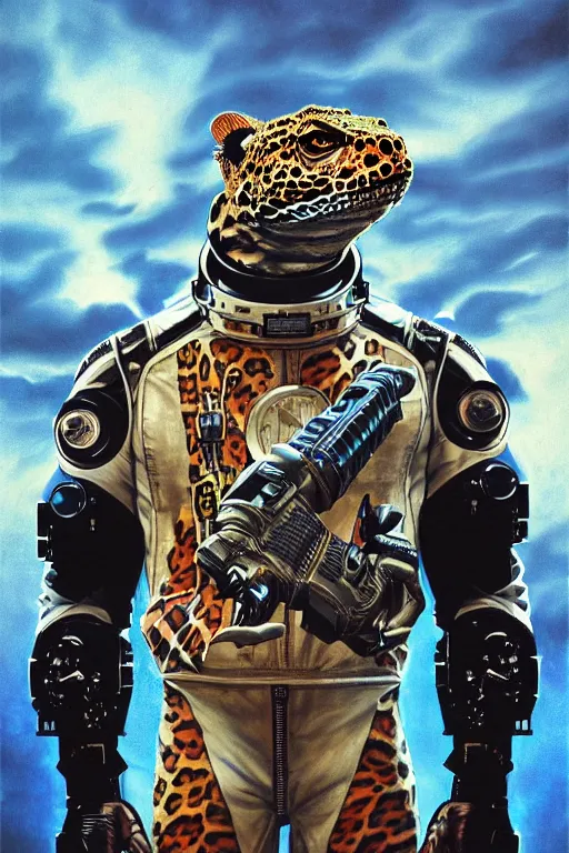 Image similar to a portrait of a muscular anthropomorphic cyberpunk leopard lizard with big head in spacesuit armor with ensignia on chest plate by sandra chevrier, by jon foster, detailed render, pistol in holster, tape deck, epic composition, cybernetics, 4 k realistic, cryengine, realistic shaded lighting, sharp focus, masterpiece, by enki bilal