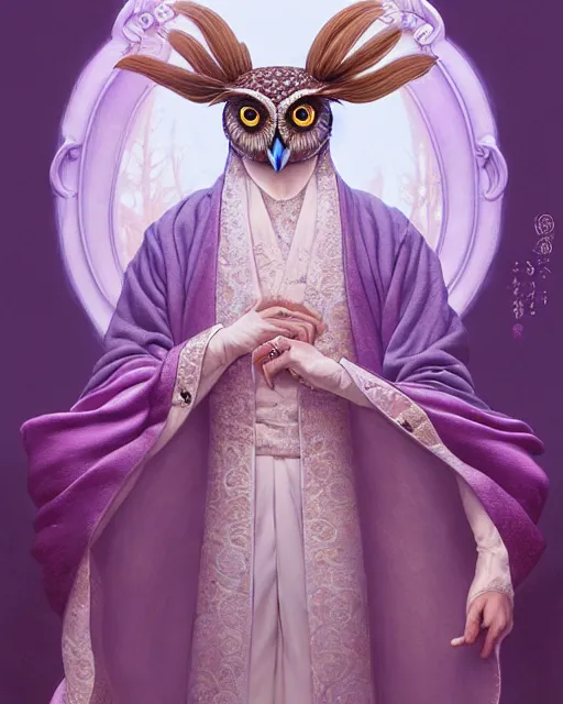 Image similar to anthropomorphic art of an owl king, in a lilac royal robe, by artgerm, victo ngai, ryohei hase, artstation, highly detailed digital painting, smooth, global illumination, fantasy art by greg rutkowsky, karl spitzweg, leyendecker