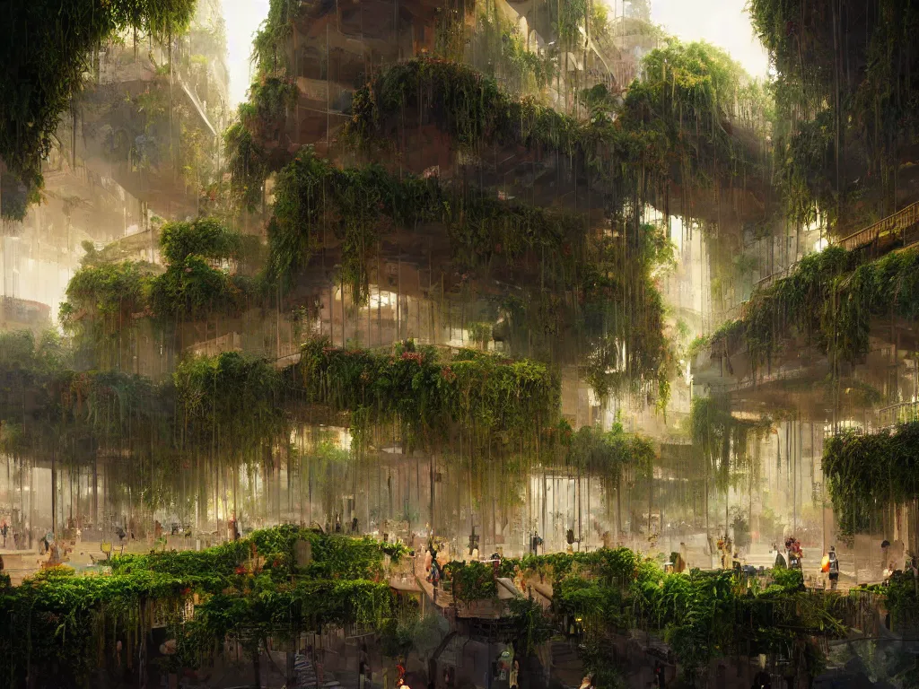 Image similar to the green city of babylon with its wonderful hanging gardens at dawn, intricate, elegant, volumetric lighting, digital painting, highly detailed, artstation, sharp focus, illustration, concept art, ruan jia, steve mccurry