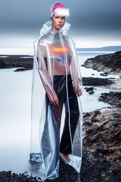 Image similar to an ultra high definition professional high fashion portrait studio full length photograph of a model wearing a transparent pearlescent raincoat and neon visor in an icelandic black rock environment at dawn. no artefacts. extremely detailed. stark. refraction. shallow depth of field. volumetric light and shadow. ray tracing. light rays.