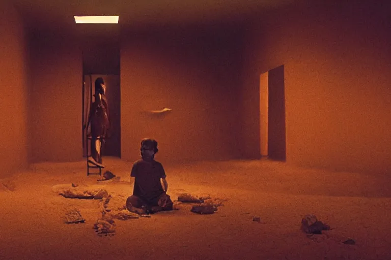 Image similar to inside of a room at Willy Wonka’s chocolate factory where bodies are burnt, film still from the movie directed by Denis Villeneuve with art direction by Zdzisław Beksiński, wide lens