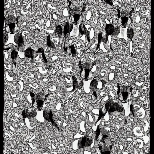 Image similar to lots and lots of black and white tessellating African wild dogs by Escher