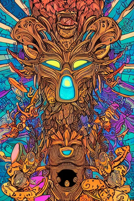 Image similar to animal mask totem roots flower tribal feather gemstone plant wood rock shaman vodoo video game vector cutout illustration vivid multicolor borderlands comics by josan gonzales and dan mumford radiating a glowing aura