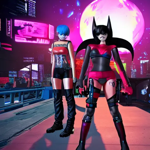 Prompt: cyberpunk Batman, Harley Quinn, Velma, and Shaggy in a platform fighting game