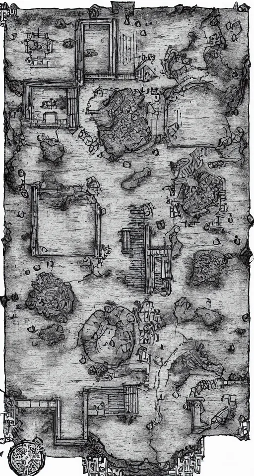 Image similar to a black and white dungeon map. d & d battlemap. small dungeon. a few large rooms. clean design. high definition etching