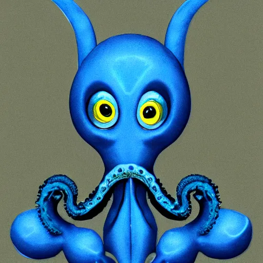 Image similar to character design of an adorable baby faced alien with tentacles on the sides of it's mouth, blue, tiny horns