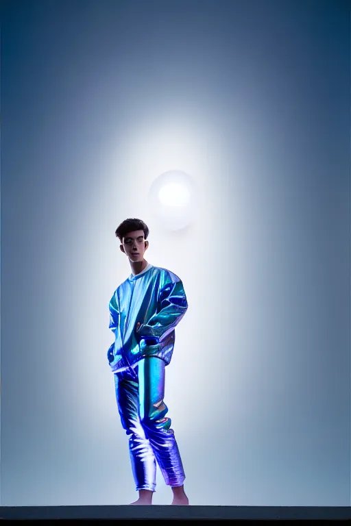 Image similar to un ultra high definition studio quality photographic art portrait of a young man standing on the rooftop of a british apartment building wearing soft baggy inflatable padded silver iridescent pearlescent clothing. three point light. extremely detailed. golden ratio, ray tracing, volumetric light, shallow depth of field. set dressed.