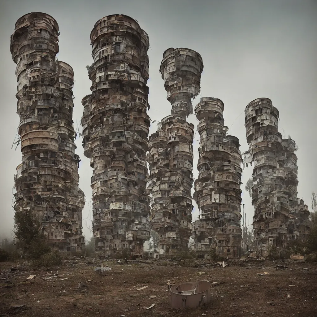 Image similar to circular towers, made up of makeshift squatter housing with faded colours, apocalyptic sky, misty, dystopia, mamiya rb 6 7, fully frontal view, ultra sharp, very detailed, photographed by julie blackmon