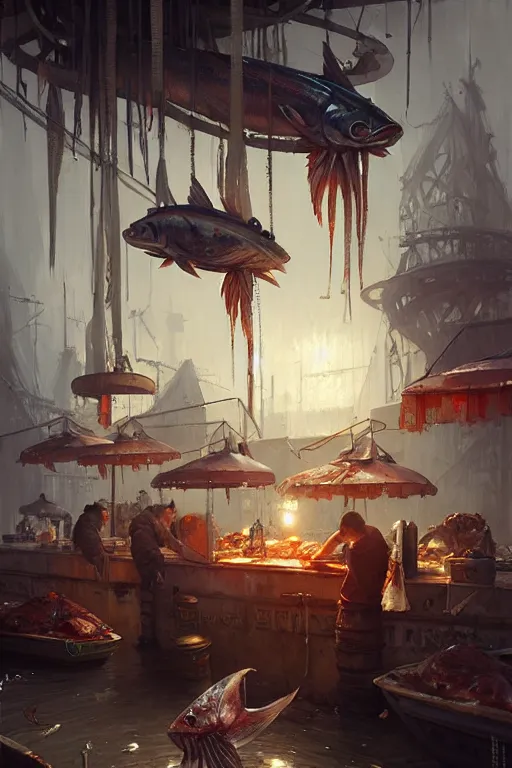 Image similar to fish market by bayard wu, anna podedworna, greg rutkowski, giger, maxim verehin