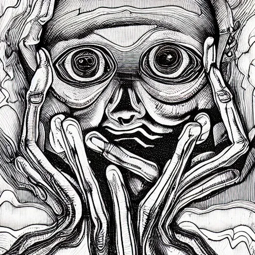 Prompt: hundreds of eyeballs, pen and ink, psychedelic, eerie, surreal, very detailed