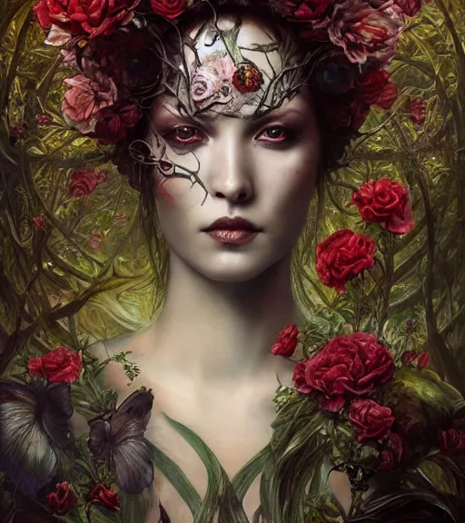 Image similar to portrait of the supreme queen of the blood cult, surrounded by skulls and overgrowth and dark flowers by karol bak, James Jean, tom bagshaw, rococo, trending on artstation, cinematic lighting, hyper realism, octane render, 8k, hyper detailed.