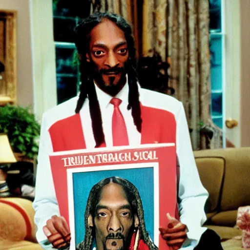 Image similar to Donald Trump holding a picture of Snoop Dogg for a 1990s sitcom tv show, Studio Photograph, portrait C 12.0