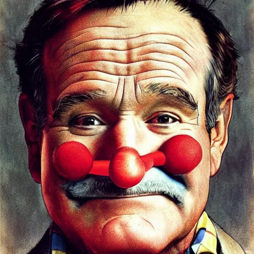 Image similar to Robin Williams as a sad clown painted by Norman Rockwell