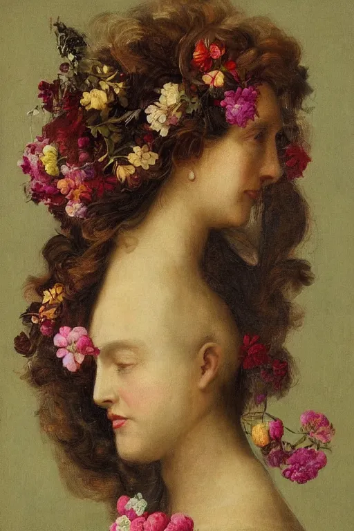 Prompt: a woman's face in profile, with long hair made of flowers and fruit, in the style of the dutch masters, dark and moody