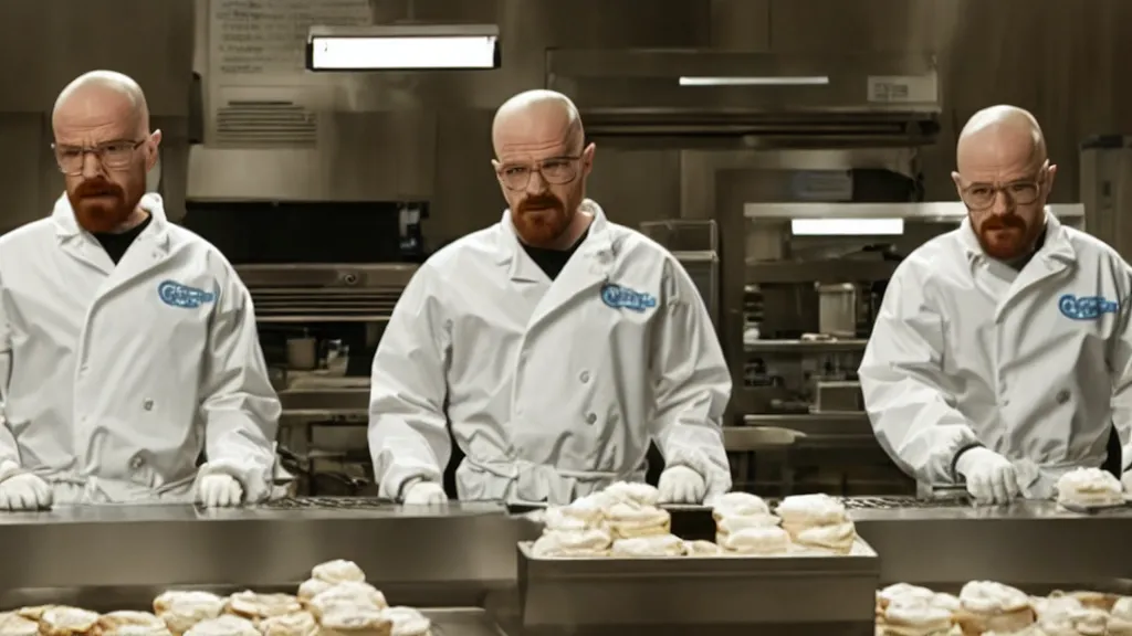 Image similar to walter white and jesse pinkman working at cinnabon, film still from the movie directed by denis villeneuve