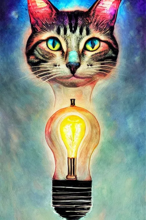 Image similar to portrait of an ethereal cat inside a light bulb, modern fine art, lithe, dreamscape, intricate, elegant, subsurface scattering, highly detailed, pop art painting, organic acrylic flow art, psychedelic surreal art, acrylic art, watercolor, featured on deviantart, cgsociety