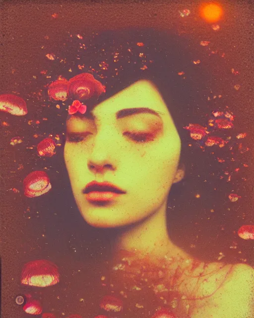 Image similar to a woman's face in the water, flowers, serene emotion, new polaroid, glitched, hazy, red, orange, yellow, soft lighting, jellyfish