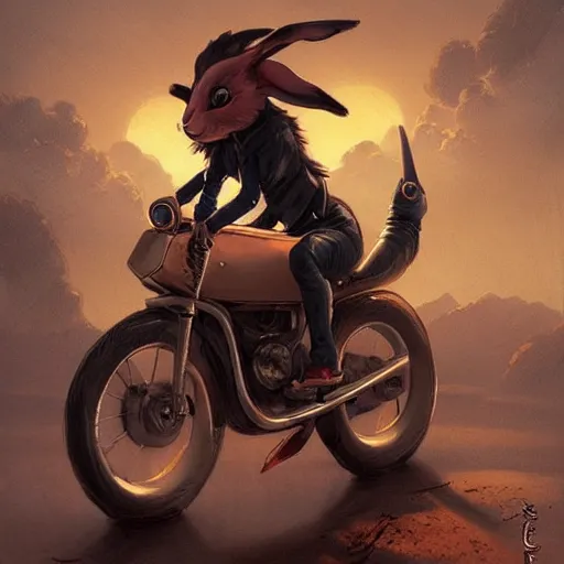 Image similar to bunny wearing a leather jacket riding a motorbike on a highway during sakura season on a blood moon, by peter mohrbacher, james jean, wlop, greg rutkowski, detailed - face!!!, rule of thirds, dynamic pose, action pose, beautiful landscape