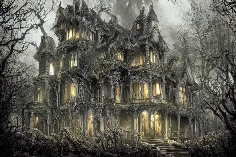 Prompt: haunted mansion next to a ravine and stream and forest, low fantasy, detailed, intricate, elegant, haunting, luxurious, ominous, matte painting, dark fantasy, grimdark