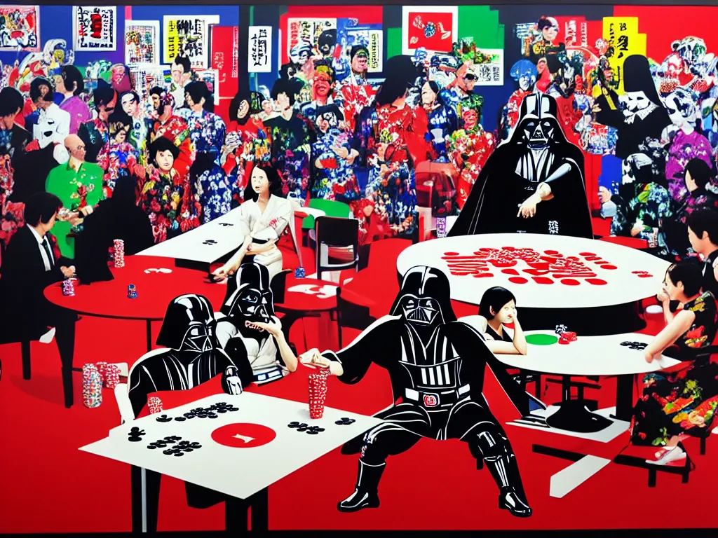 Image similar to hyper - realistic composition of a large room with an extremely detailed poker table in the center, woman in traditional japanese kimono standing nearby, darth vader sitting at the table, fireworks in the background, pop art style, jackie tsai style, andy warhol style, acrylic on canvas, dull palette