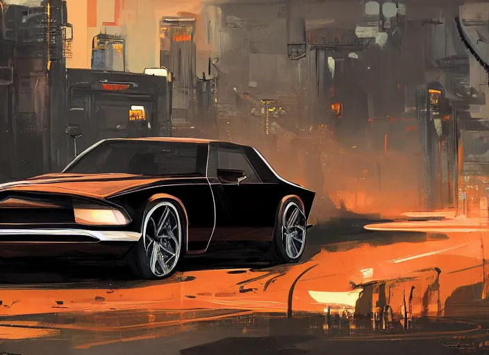 Prompt: wide view shot of a copper colored car with some black and white paint, designed by dmc and gmc, concept art style by john berky and liam wong and michael whelan.