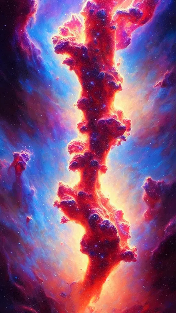 Prompt: psychedelic transcendent puffs! of smoke explosion, space, supernova, nebulae, pillars of creation, enlightenment, high contrast lighting, highly detailed, concept art, art by collier, albert aublet, krenz cushart, artem demura, alphonse mucha