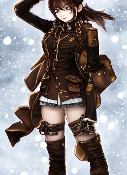 Image similar to girl with steampunk weapons and uniform, serious, intense, finely detailed, made by artgerm, ross tran, full body portrait, illustration, snow, snowing, cloudy, anime, side view, perfect anime face, realistic face, zoomed out, smooth, brown eyes, high waisted shorts, sharp focus